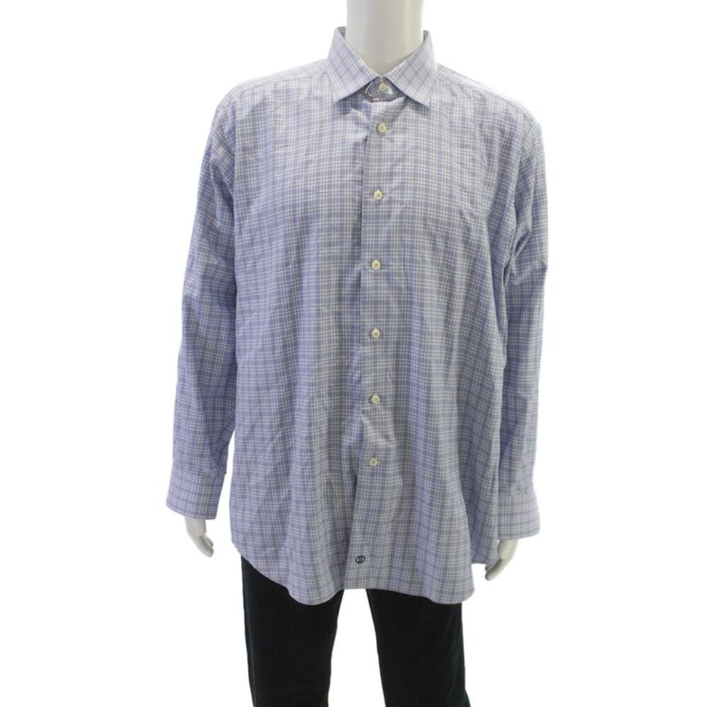 David Donahue Mens Cotton Plaid Button Down Shirt Blue Size 35